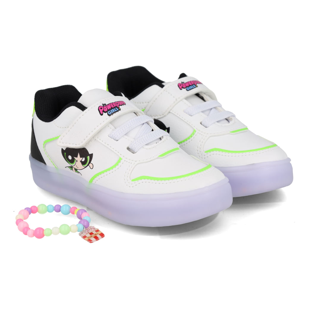 Tênis infantil feminino branco com detalhes verdes e pretos da marca Teste